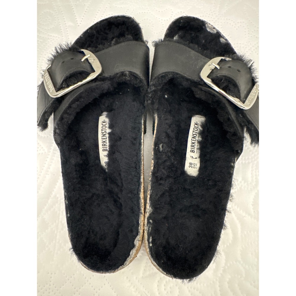 Birkenstock Madrid Single Strap Big Buckle Fur Lined Comfort Sandals Black 38 - Picture 7 of 14